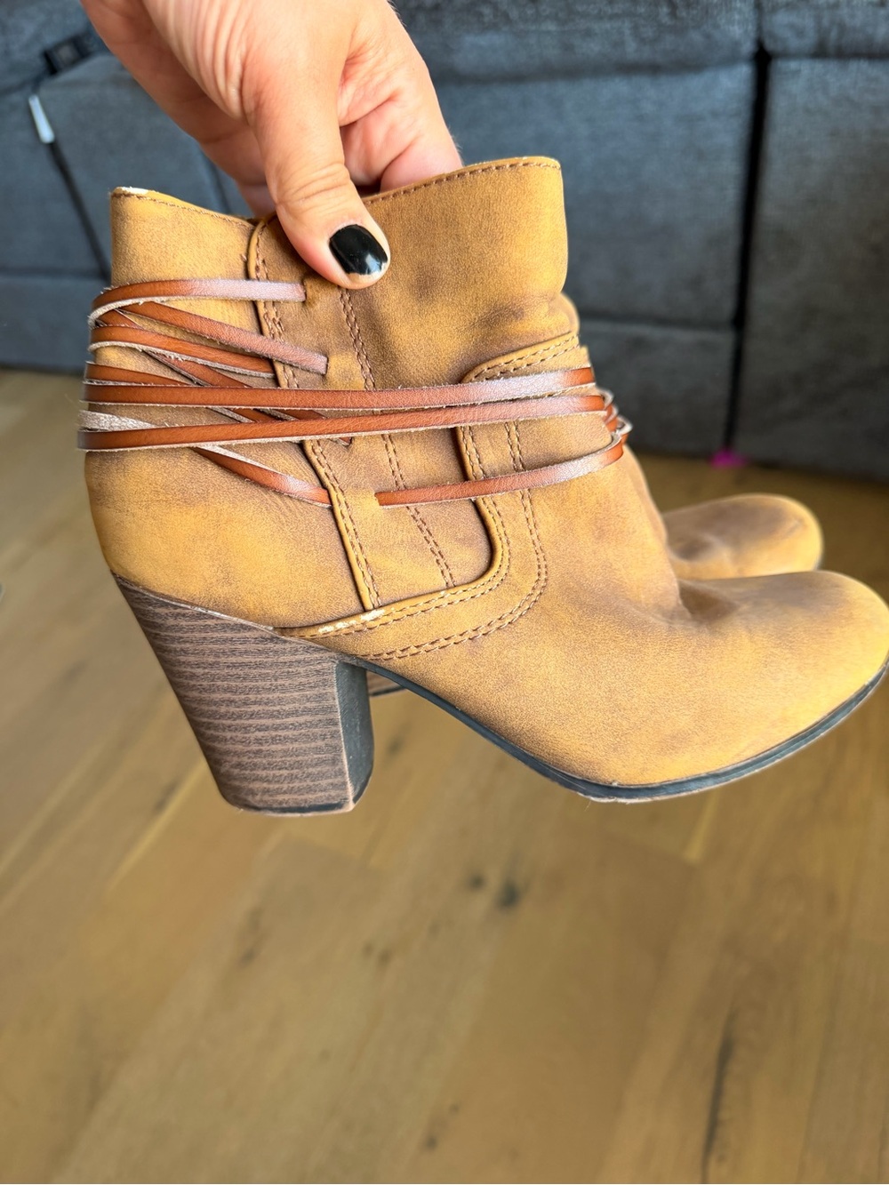 Women's Tan Suede Ankle Boot with Wrap Detail
